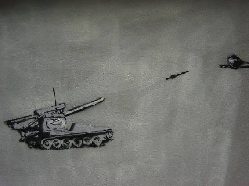 Panzer schiesst auf Vogel. GEM Schablonengraffiti, Zürich Schweiz. Military tank shoots bird. GEM stencil graffiti in Zurich Switzerland