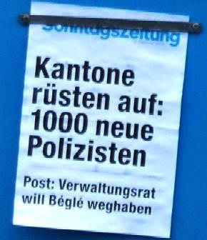 Sonntagszeitung Schlagzeile 'Kantone rsten auf. 1000 neue Polizisten'
